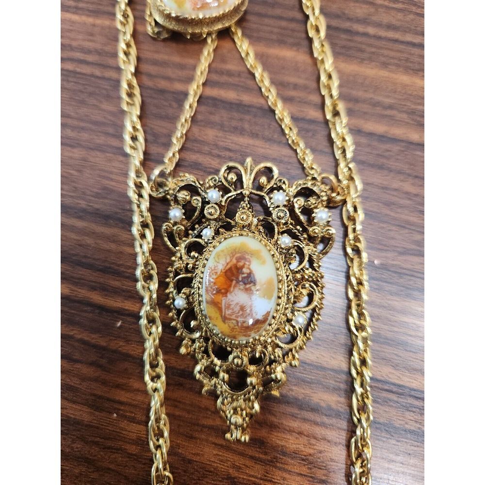 Renaissance Revival Couple Bolo Tie‎ Gold Tone Pearl Double Strand Necklace Rare - Picture 2 of 7